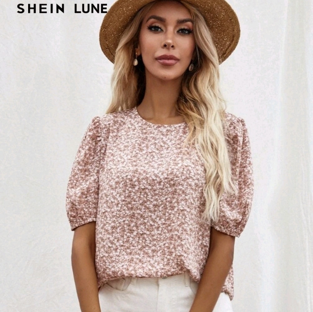 Shein Ditsy Floral Puff Sleeve Boho Pink Blouse Size Medium Summer Spring